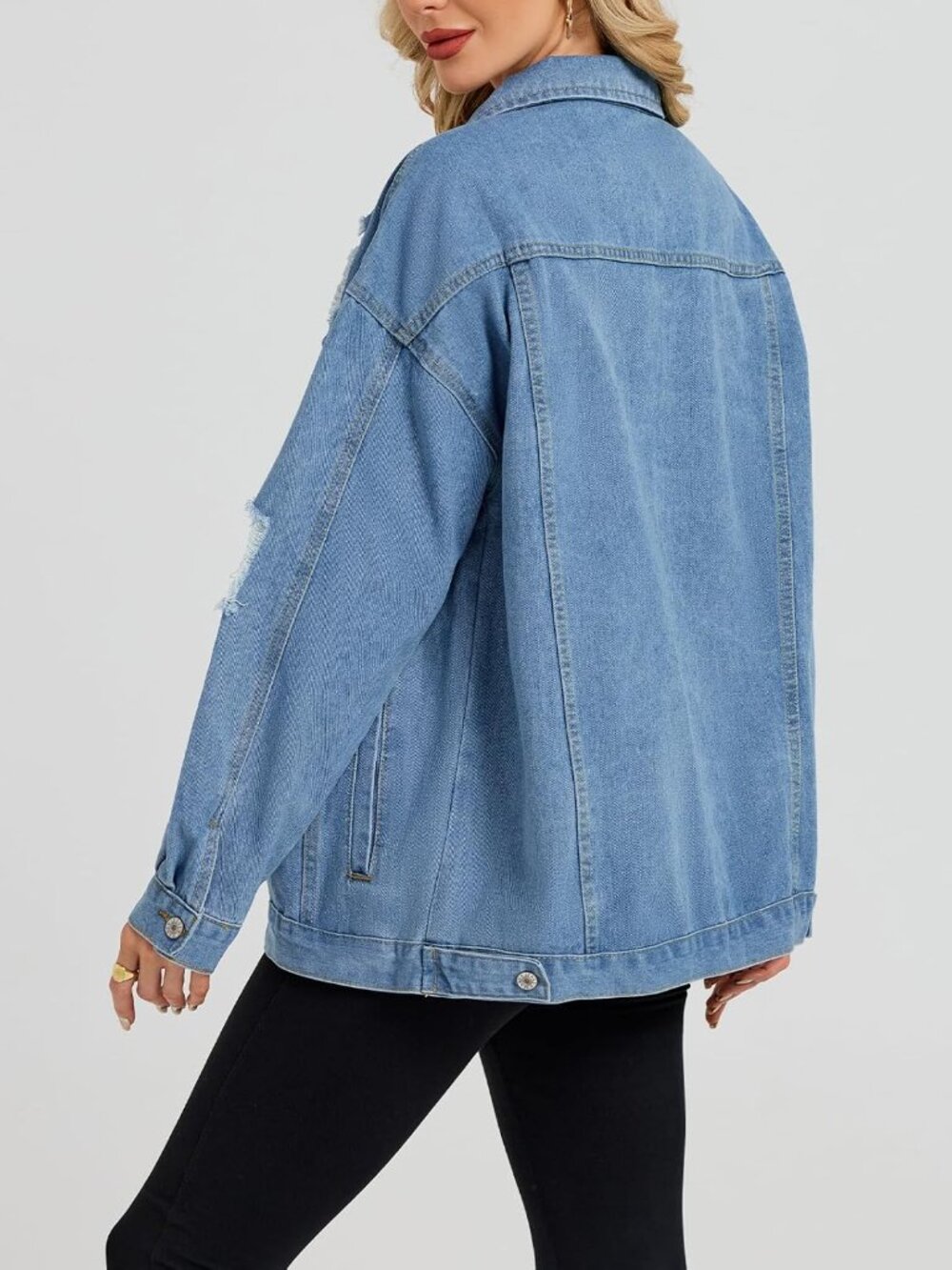 〽️Women's Blue Light Wash Oversized Distressed Denim Boyfriend Fit Jean Jacket - Picture 2 of 6
